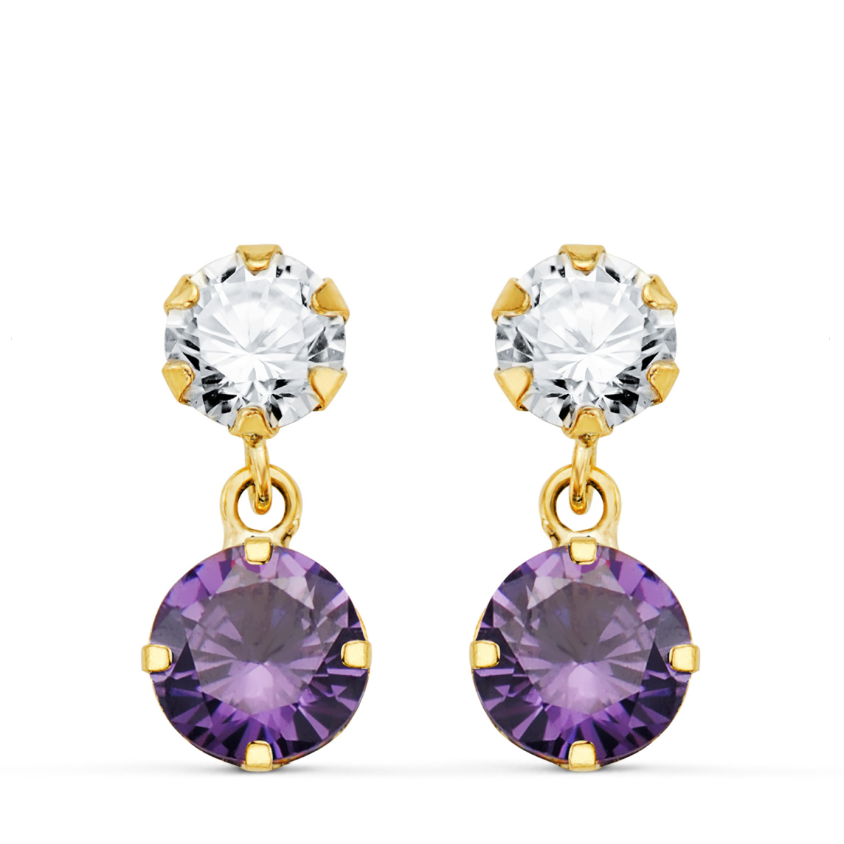 18K PENDIENTES ORO AMARILLO DOS CUERPOS CON CIRCONITA Y AMATISTA REDONDA 15 X 6 MM. CIERRE PRESION 0
