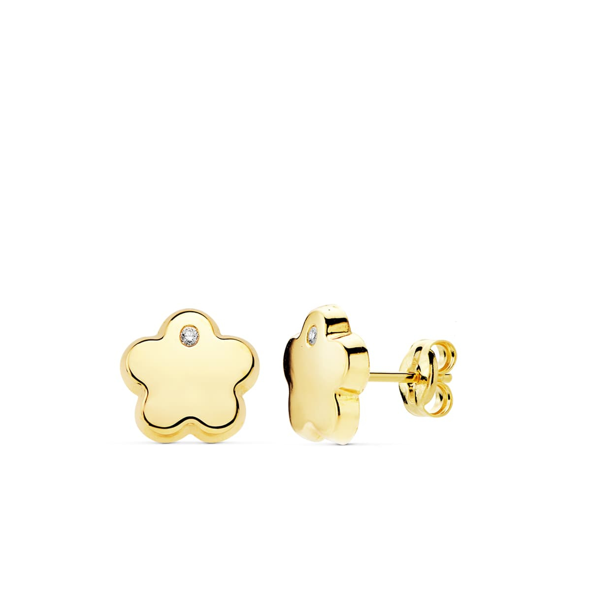18K PENDIENTES FLOR CIRCONITA ORO AMARILLO 9 MM CIERRE PRESION 0