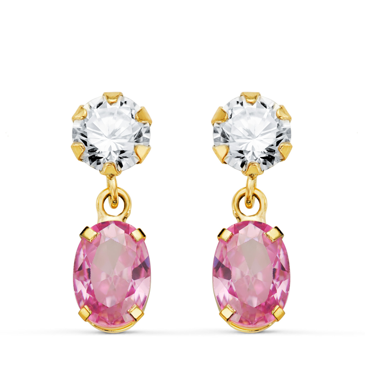 18K PENDIENTES ORO AMARILLO DOS CUERPOS CON CIRCONITA Y PIEDRA ROSA OVAL 16 X 5MM. CIERRE PRESION 0