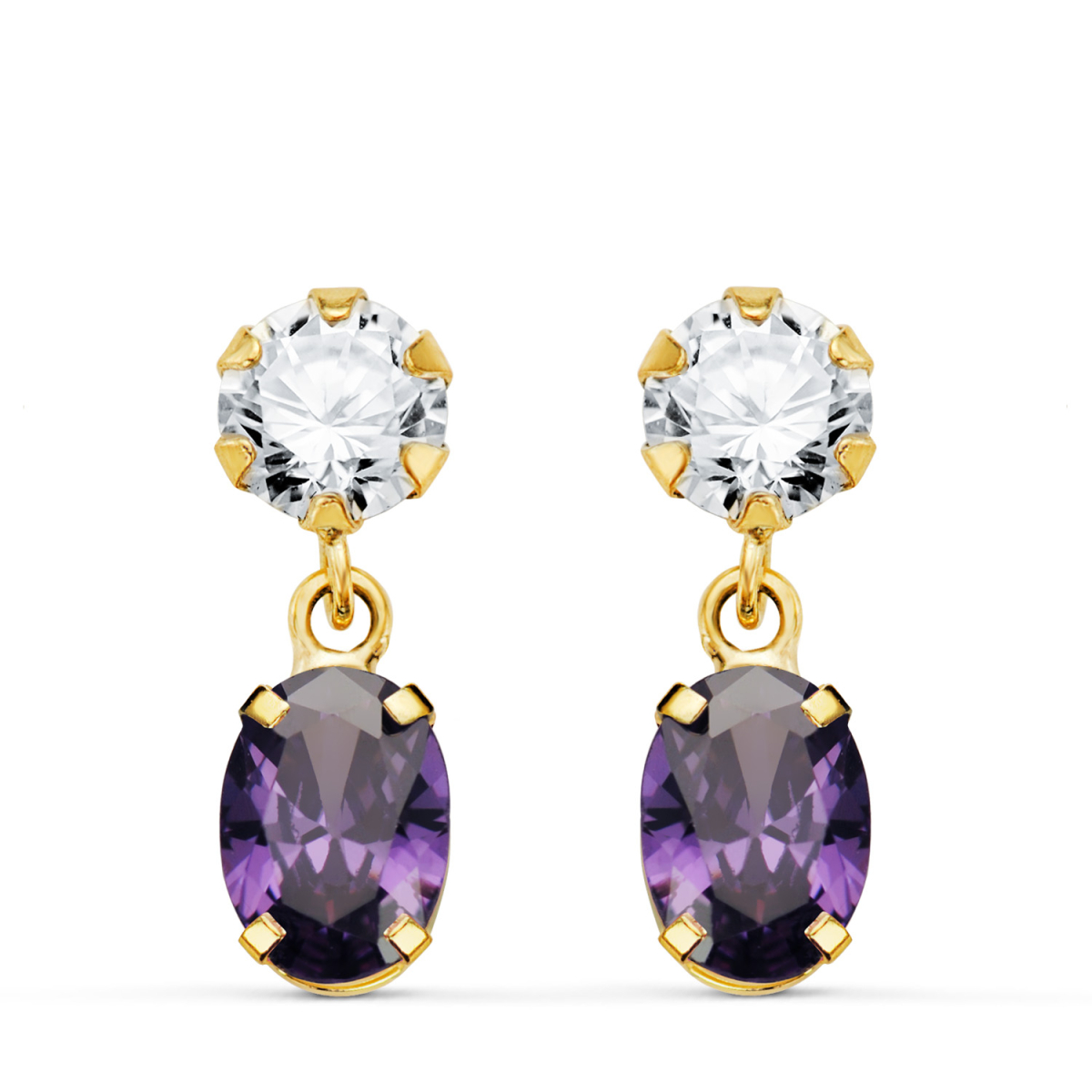 18K PENDIENTES ORO AMARILLO DOS CUERPOS CON CIRCONITA Y AMATISTA OVAL 16 X 5MM. CIERRE PRESION 0