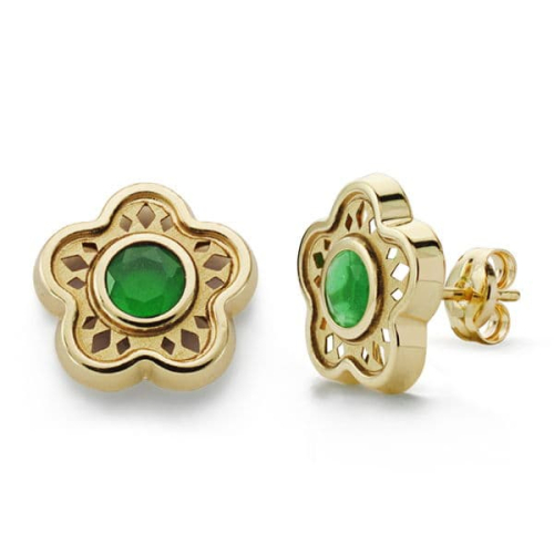 18K PENDIENTES FLOR PIEDRA COLOR VERDE ORO AMARILLO 11 MM CIERRE PRESION 0