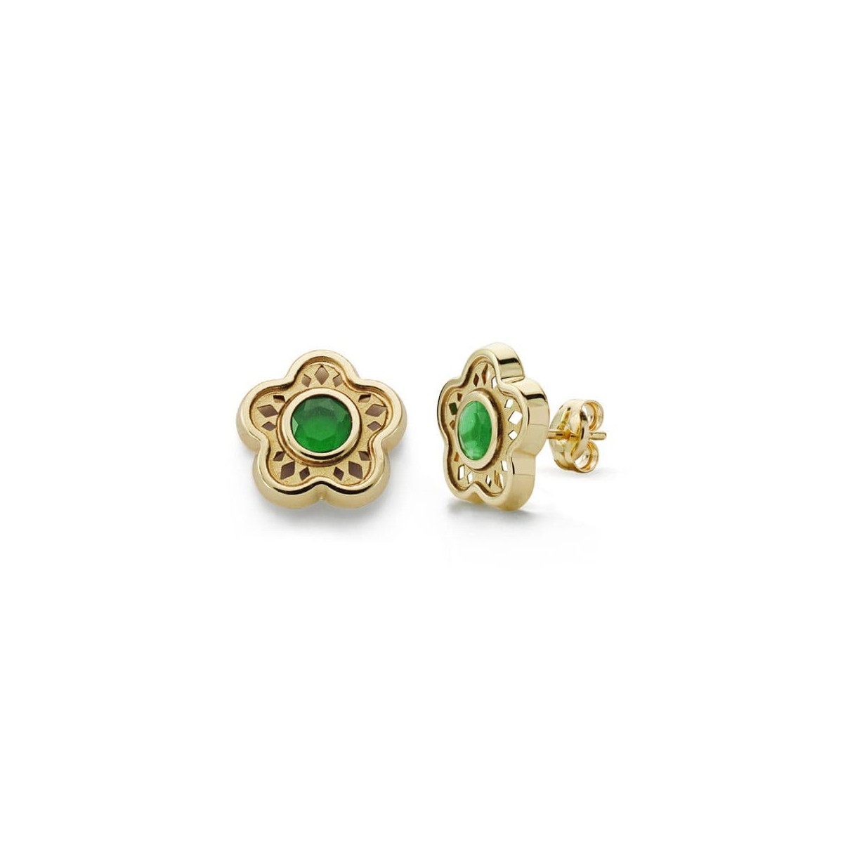 18K PENDIENTES FLOR PIEDRA COLOR VERDE ORO AMARILLO 11 MM CIERRE PRESION 0