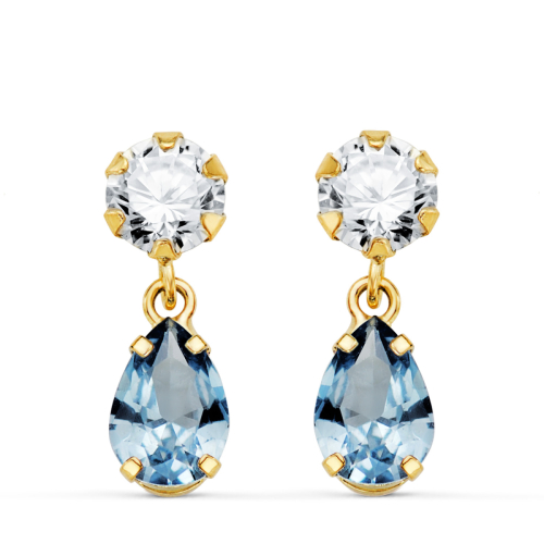 18K PENDIENTES ORO AMARILLO DOS CUERPOS CON CIRCONITA Y AGUAMARINA LAGRIMA 16 X 5MM. CIERRE PRESION 0
