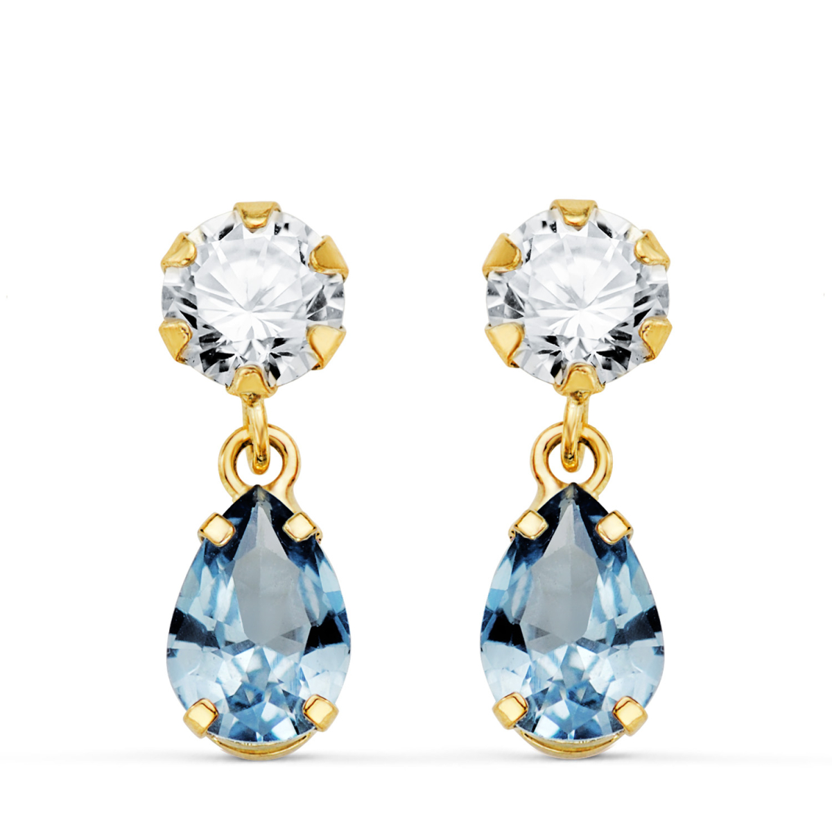 18K PENDIENTES ORO AMARILLO DOS CUERPOS CON CIRCONITA Y AGUAMARINA LAGRIMA 16 X 5MM. CIERRE PRESION 0