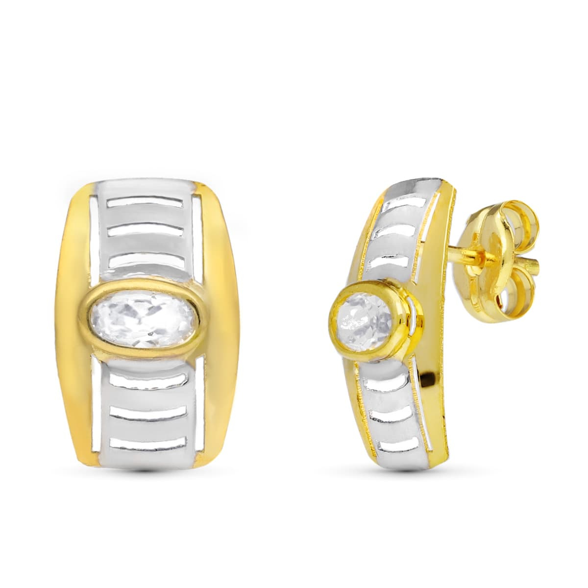 18K PENDIENTES ORO BICOLOR CALADOS CIRCONITA 13X7 MM PRESION 1