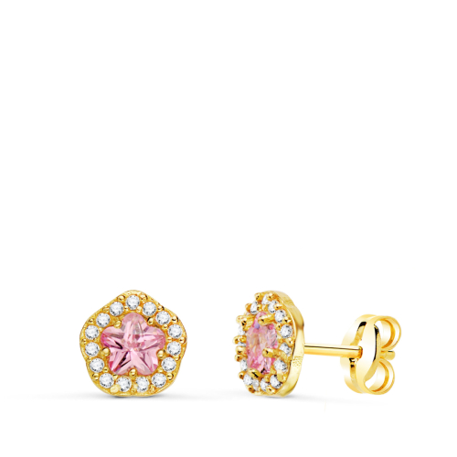 18K PENDIENTES ORO AMARILLO FLOR CIRCONITA Y PIEDRA ROSA 7 X 6