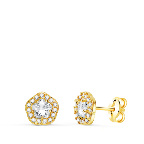 18K PENDIENTES ORO AMARILLO FLOR CIRCONITA BLANCAS 7 X 6