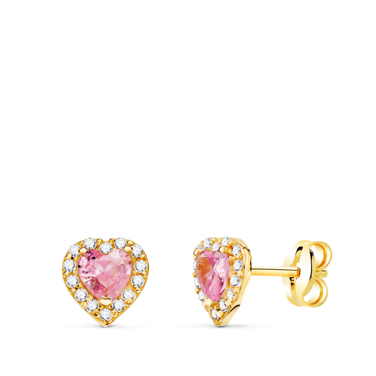 18K PENDIENTES ORO AMARILLO CORAZON CIRCONITA Y PIEDRA ROSA 6