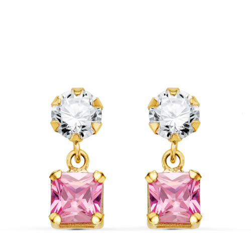 18K PENDIENTES ORO AMARILLO DOS CUERPOS CON CIRCONITA Y PIEDRA ROSA CUADRADA 14 X 5MM. CIERRE PRESION 0