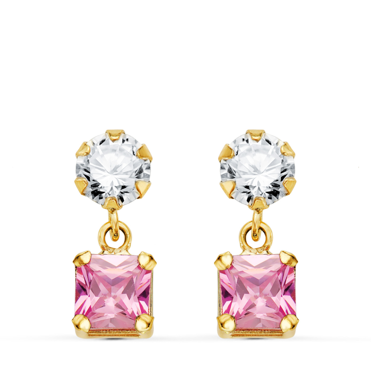 18K PENDIENTES ORO AMARILLO DOS CUERPOS CON CIRCONITA Y PIEDRA ROSA CUADRADA 14 X 5MM. CIERRE PRESION 0