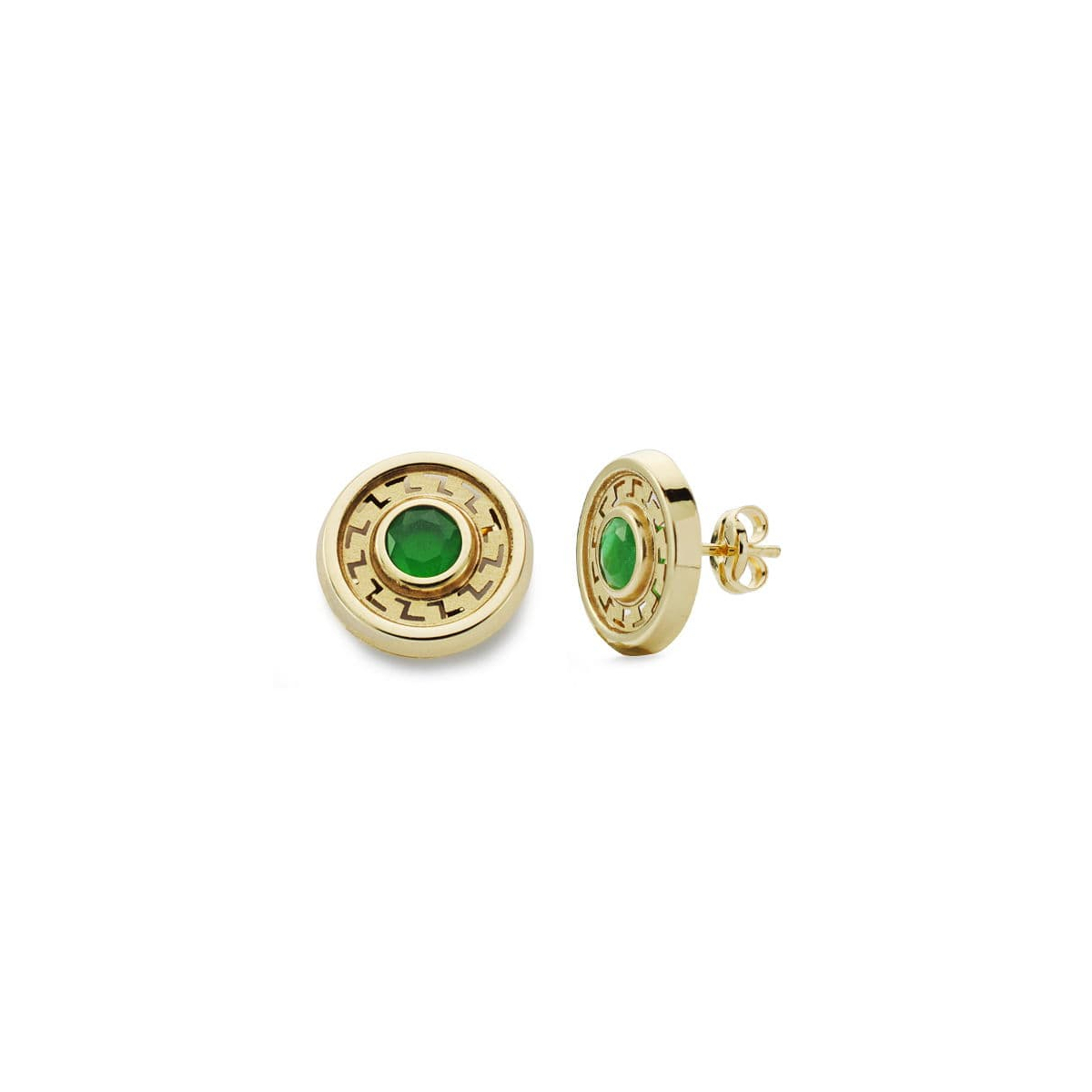 18K PENDIENTES REDONDOS PIEDRA VERDE ORO AMARILLO 11 MM CIERRE PRESION 1