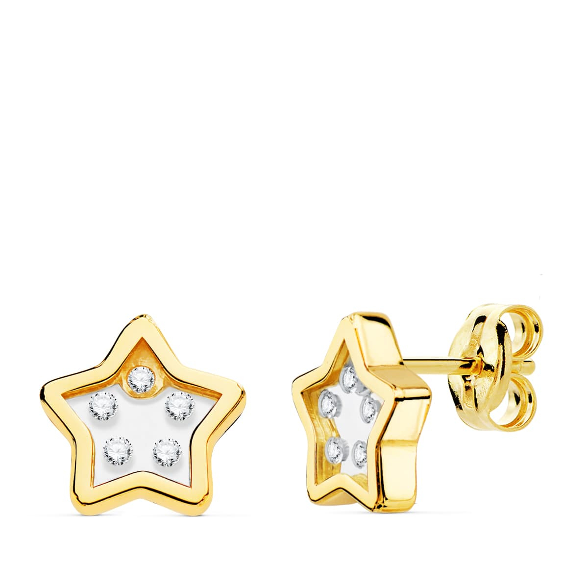 18K PENDIENTES ORO AMARILLO ESTRELLA AIRSHINE TRANSPARENTE Y CIRCONITA 9X9 MM CIERRE PRESION 1