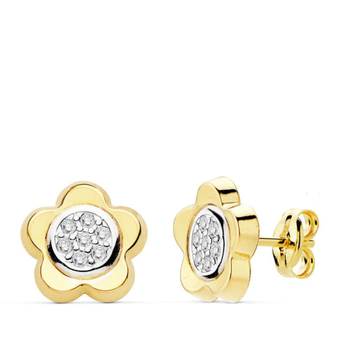 18K PENDIENTES ORO BICOLOR FLOR CIRCONITA 10 MM CIERRE PRESION 1