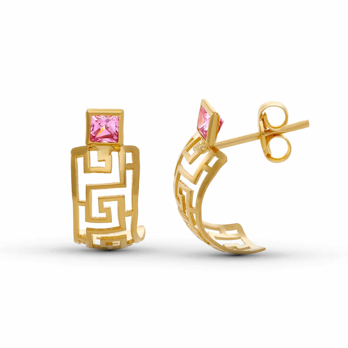 18K PENDIENTES ORO AMARILLO GRECA CIRCONITA CUADRADA 15X6 MM CIERRE PRESION 1