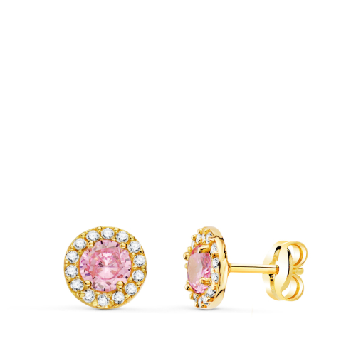 18K PENDIENTES ORO AMARILLO REDONDOS CIRCONITA Y PIEDRA ROSA 6