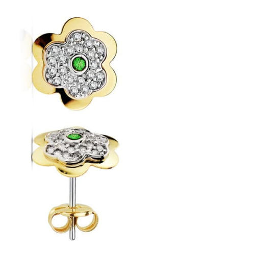 18K PENDIENTES ORO AMARILLO FLOR 6 HOJAS ESMERALDA CIRCONITA 6 MM CIERRE PRESION 1