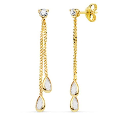 18K PENDIENTES ORO AMARILLO DOBLE CADENITA Y PIEDRAS CIERRE PRESION 1