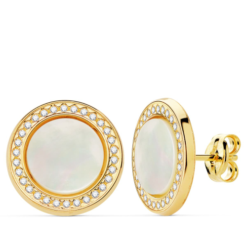 18K PENDIENTES ORO AMARILLO REDONDOS CIRCONITA Y NACAR 12.5 MM CIERRE PRESION 1