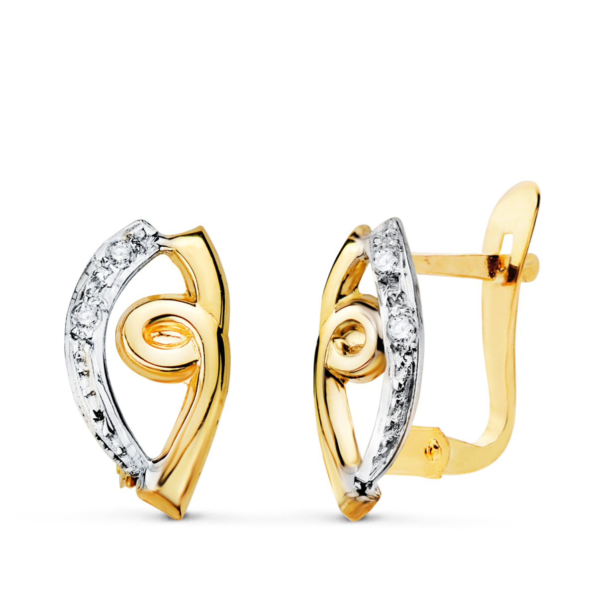 18K PENDIENTES ORO BICOLOR BANDAS CON CIRCONITA . 13 X 6.5 MM. CIERRE CATALAN 1