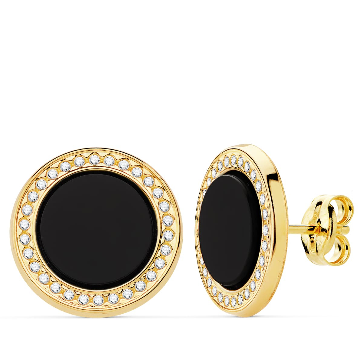 18K PENDIENTES ORO AMARILLO REDONDOS CIRCONITA Y ONIX. 12.5 MM CIERRE PRESION 1