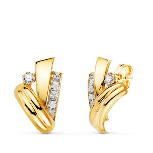 18K PENDIENTES ORO AMARILLO BANDAS CON CARRÉ DE CIRCONITAS. MEDIDA: 16 X 9 MM. CIERRE PRESION 1