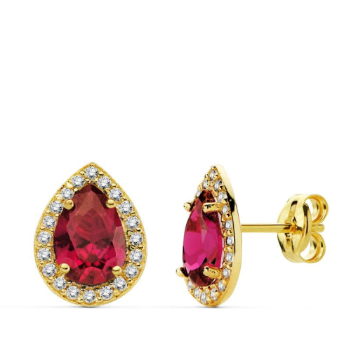 18K PENDIENTES ORO AMARILLO PIEDRA ROJA CIRCONITA 10X8 MM CIERRE PRESION 1