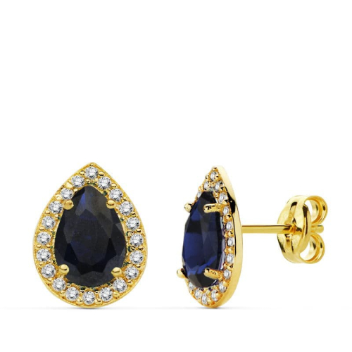 18K PENDIENTES ORO AMARILLO PIEDRA AZUL CIRCNONITAS 10X8 MM CIERRE PRESION 1
