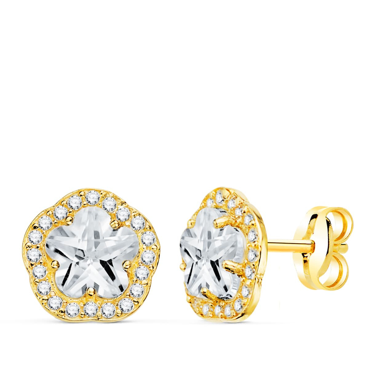 18K PENDIENTES ORO AMARILLO FLOR CIRCONITA GARRAS 9X9 MM CIERRE PRESION 1