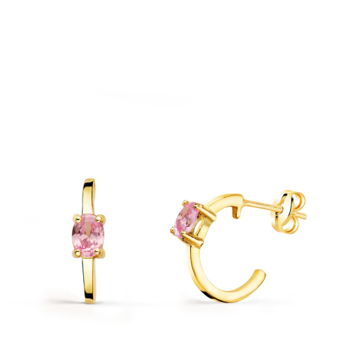 18K PENDIENTES ORO AMARILLO MEDIO ARO LISO CON CIRCONITA ROSA 12X3 MM CIERRE PRESION. 1