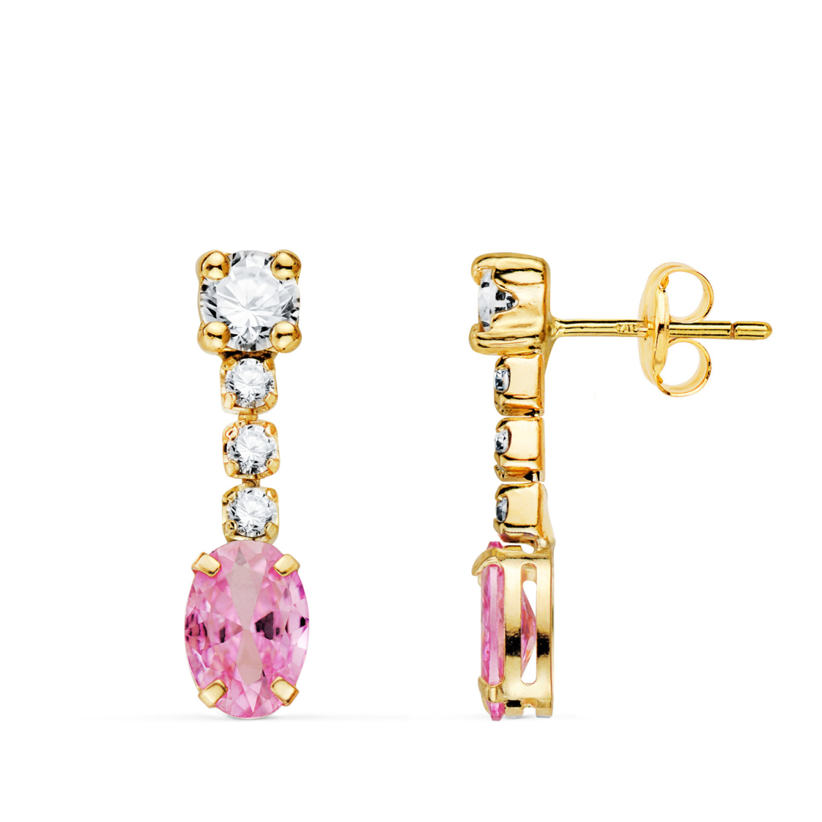 18K PENDIENTES ORO AMARILLO CIRCONITA ROSA EN FORMA OVAL Y CIRCONITAS. 20X5 MM. CIERRE PRESION 1