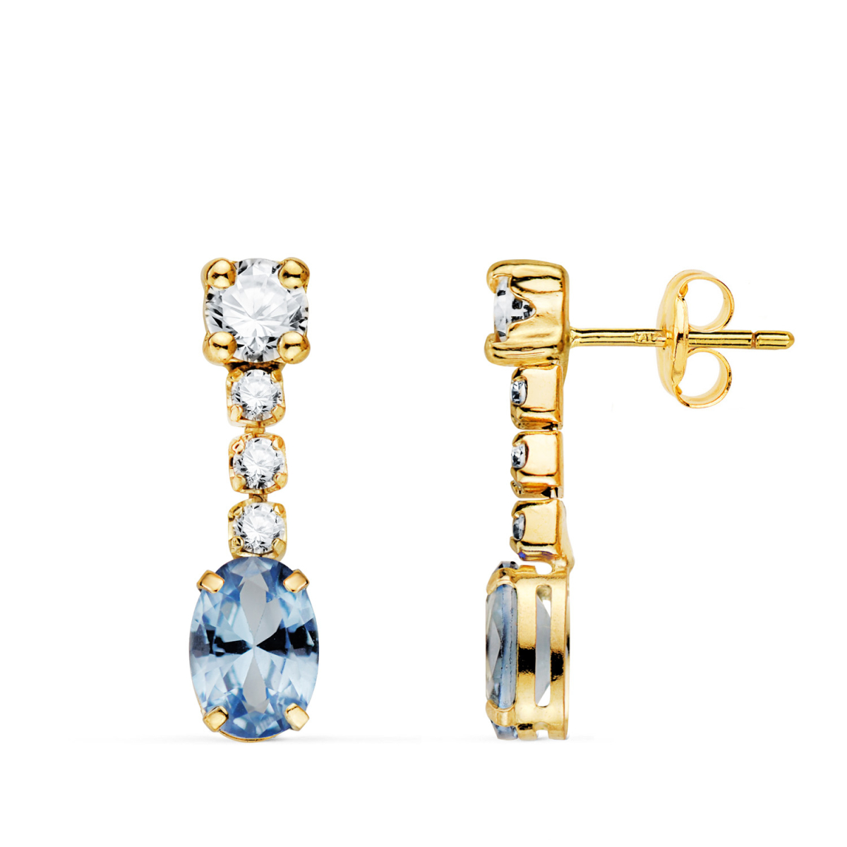 18K PENDIENTES ORO AMARILLO AGUAMARINA EN FORMA OVAL Y CIRCONITAS. 20X5 MM. CIERRE PRESION 1