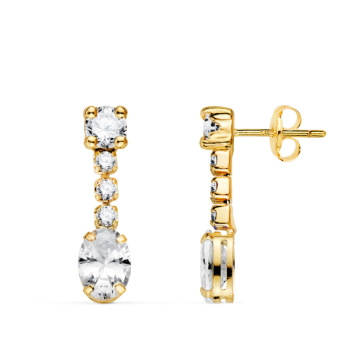 18K PENDIENTES ORO AMARILLO CIRCONITA BLANCA EN FORMA OVAL Y CIRCONITAS. 20X5 MM. CIERRE PRESION 1