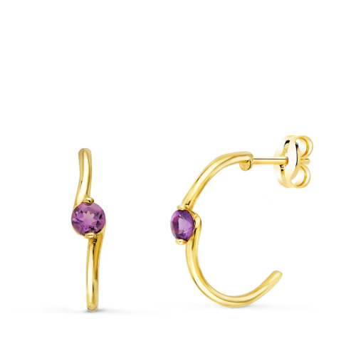 18K PENDIENTES ORO AMARILLO MEDIO ARO LISO CON AMATISTA 15X3 MM CIERRE PRESION. 1