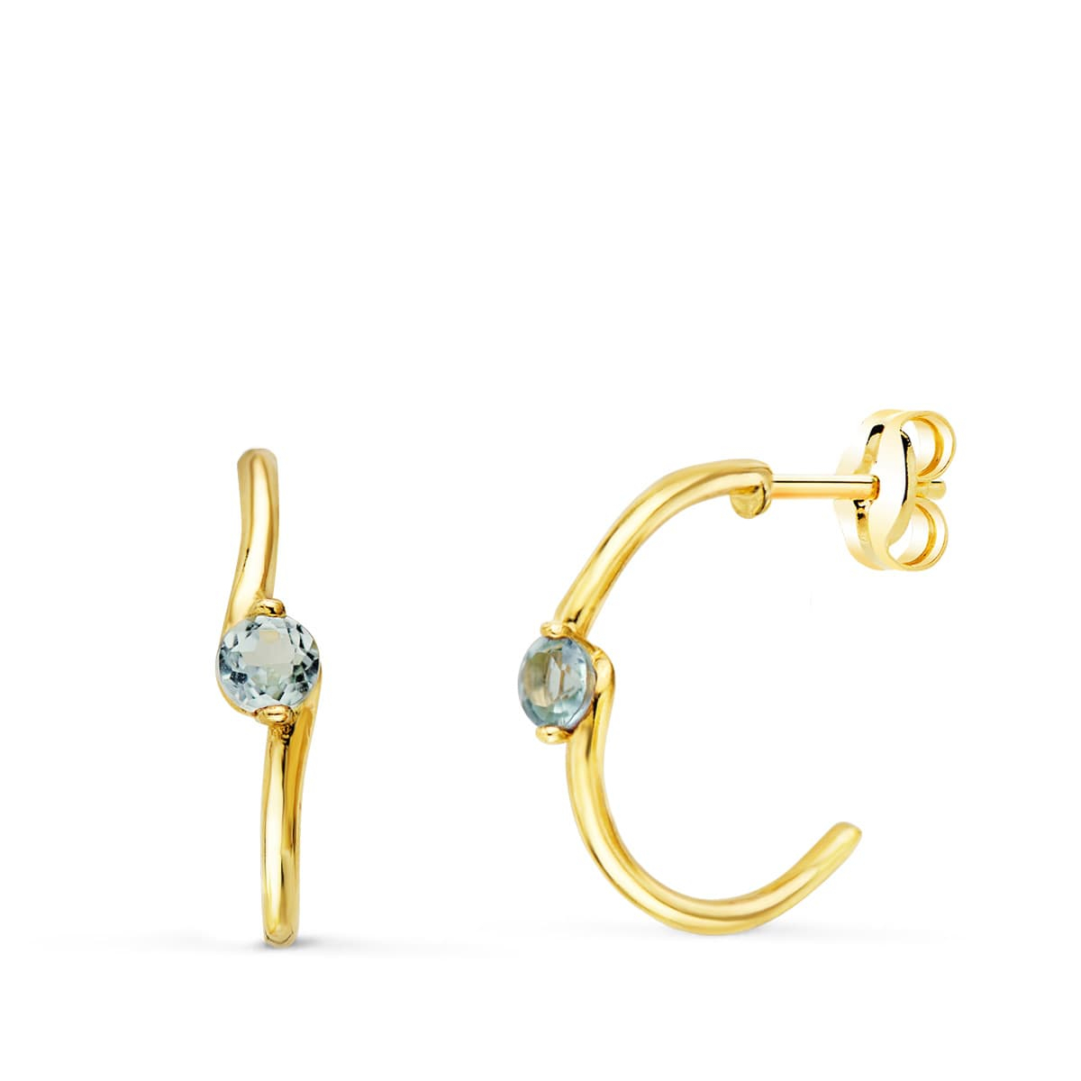 18K PENDIENTES ORO AMARILLO MEDIO ARO LISO CON AGUAMARINA 15X3 MM CIERRE PRESION. 1