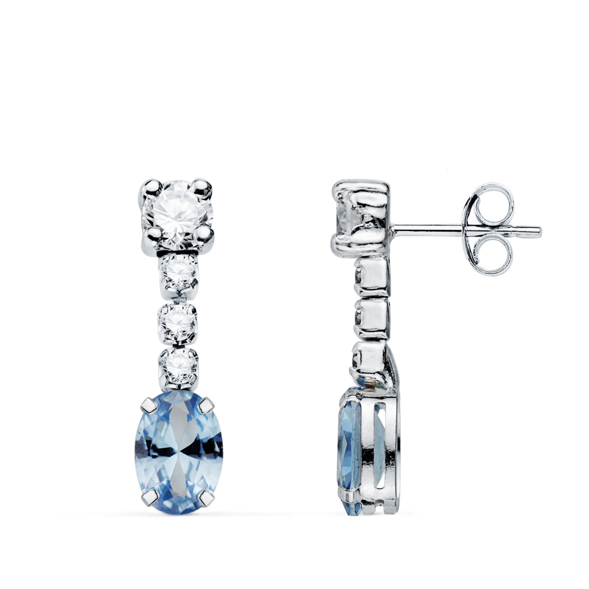 18K PENDIENTES ORO BLANCO AGUAMARINA EN FORMA OVAL Y CIRCONITAS. 20X5 MM. CIERRE PRESION 1