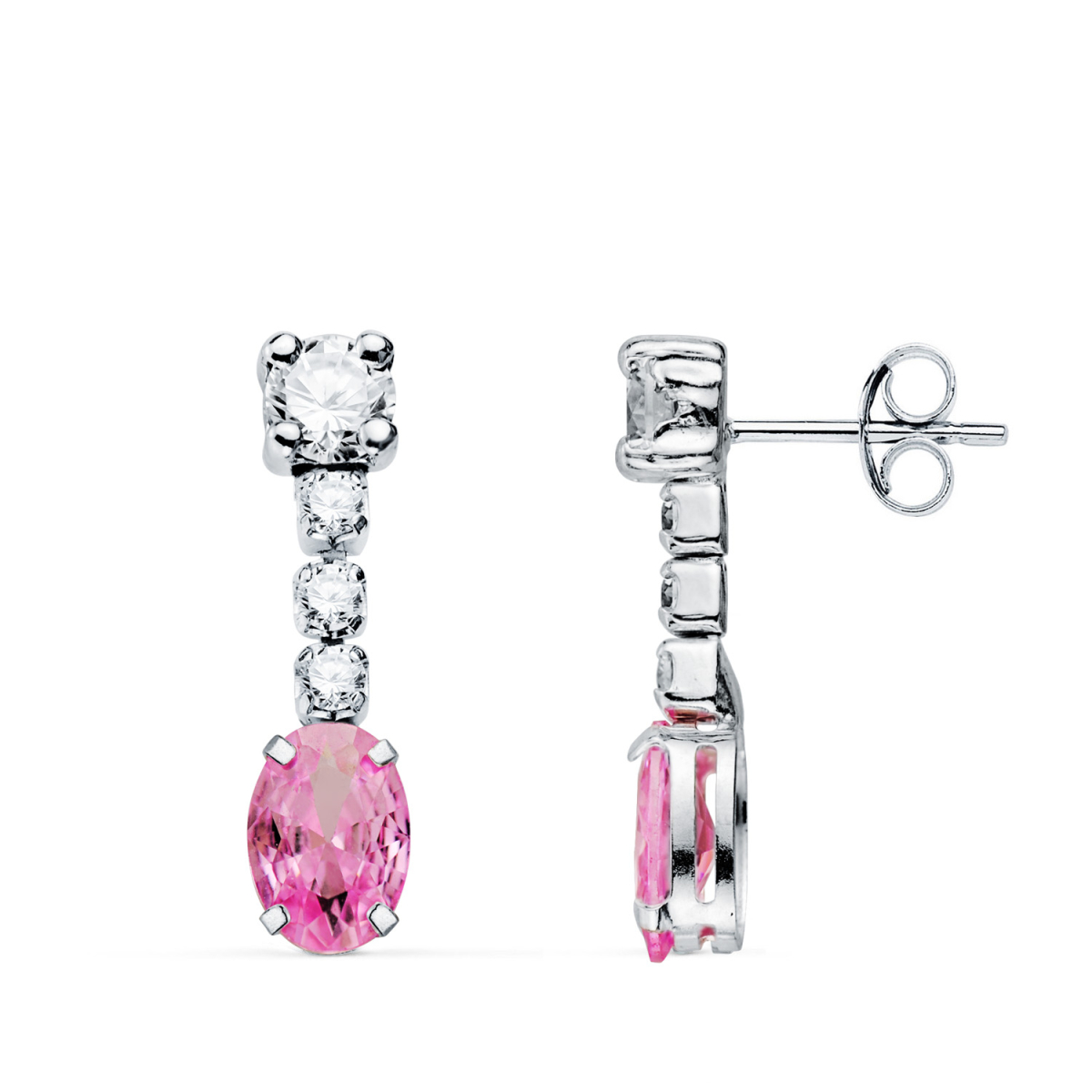18K PENDIENTES ORO BLANCO CIRCONITA ROSA EN FORMA OVAL Y CIRCONITAS. 20X5 MM. CIERRE PRESION 1