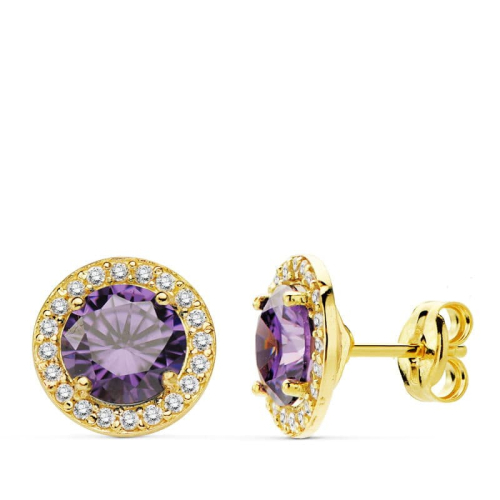 18K PENDIENTES ORO AMARILLO PIEDRA AMATISTA CIRCON. 9 MM CIERRE PRESION 1