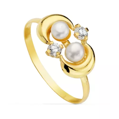 18K SORTIJA ORO AMARILLO MOTIVO CON DOS PERLAS Y CIRCONITAS. ANCHO: 7