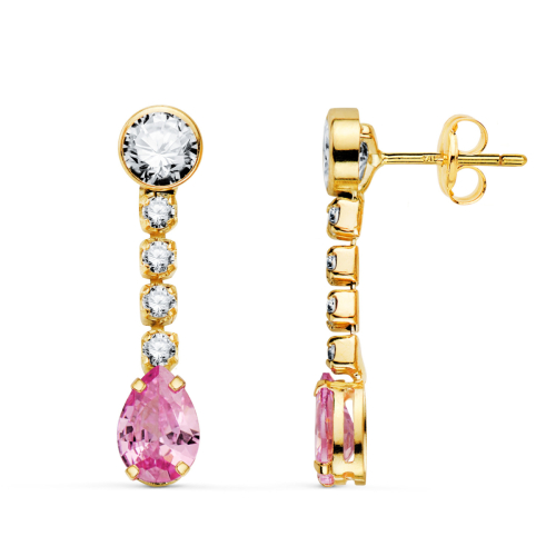 18K PENDIENTES ORO AMARILLO CIRCONITA ROSA EN FORMA DE GOTA Y CIRCONITAS. 22X5 MM. CIERRE PRESION 1