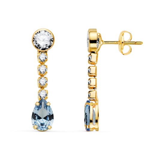 18K PENDIENTES ORO AMARILLO AGUAMARINA EN FORMA DE GOTA Y CIRCONITAS. 22X5 MM. CIERRE PRESION 1