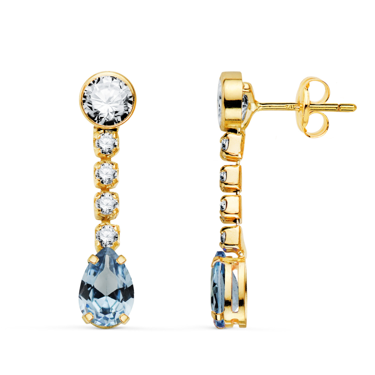 18K PENDIENTES ORO AMARILLO AGUAMARINA EN FORMA DE GOTA Y CIRCONITAS. 22X5 MM. CIERRE PRESION 1