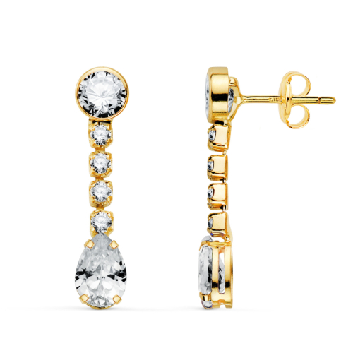 18K PENDIENTES ORO AMARILLO CIRCONITA EN FORMA DE GOTA Y CIRCONITAS. 22X5 MM.CIERRE PRESION 1