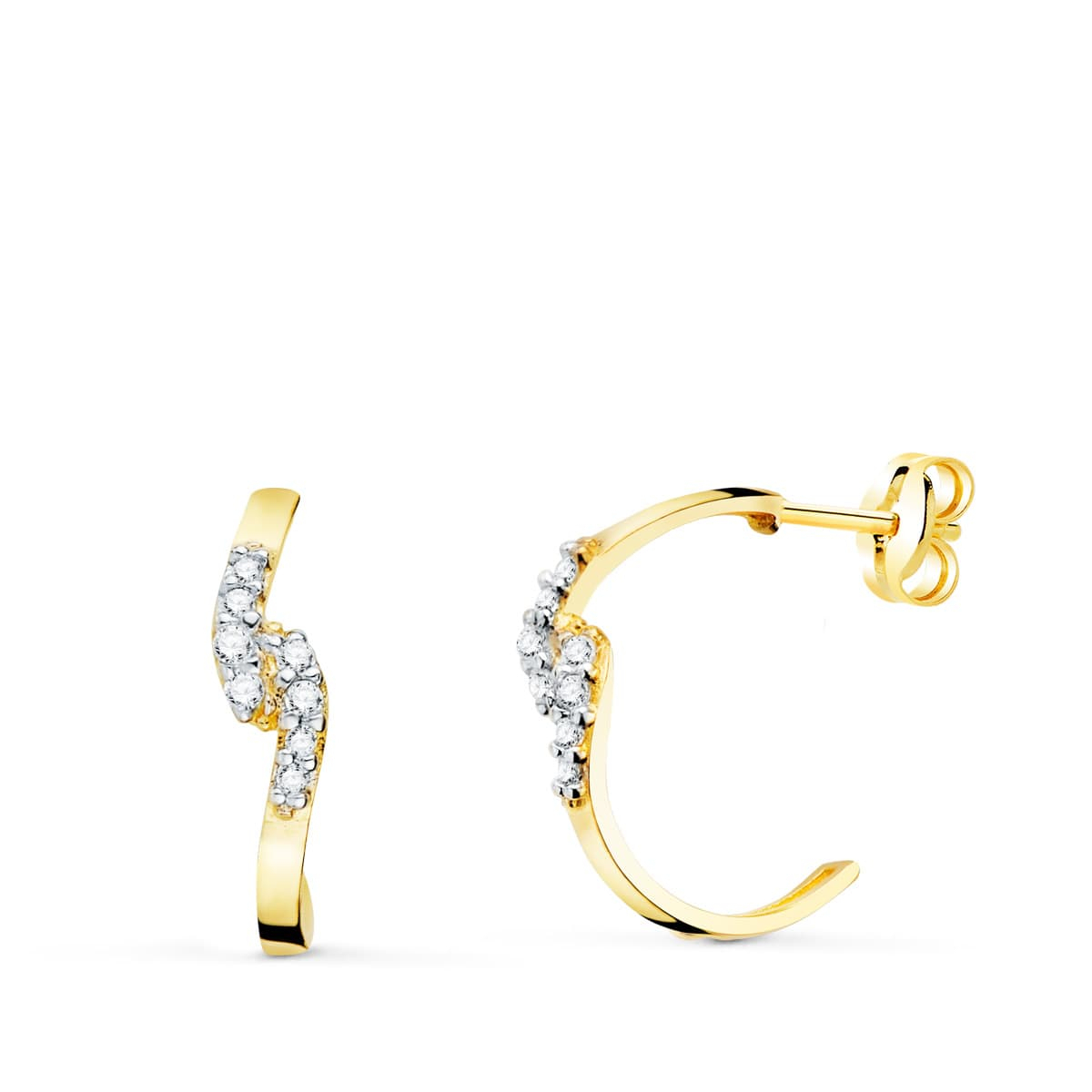 18K PENDIENTES ORO BICOLOR MEDIA ARO CUADRADO CON CIRCONITA 15X3 MM PRESION 1