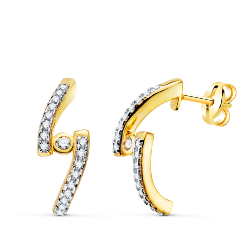 18K PENDIENTES ORO AMARILLO MEDIO ARO DOBLE BANDA CIRCONITA 15 X 6 MM CIERRE PRESION. 1