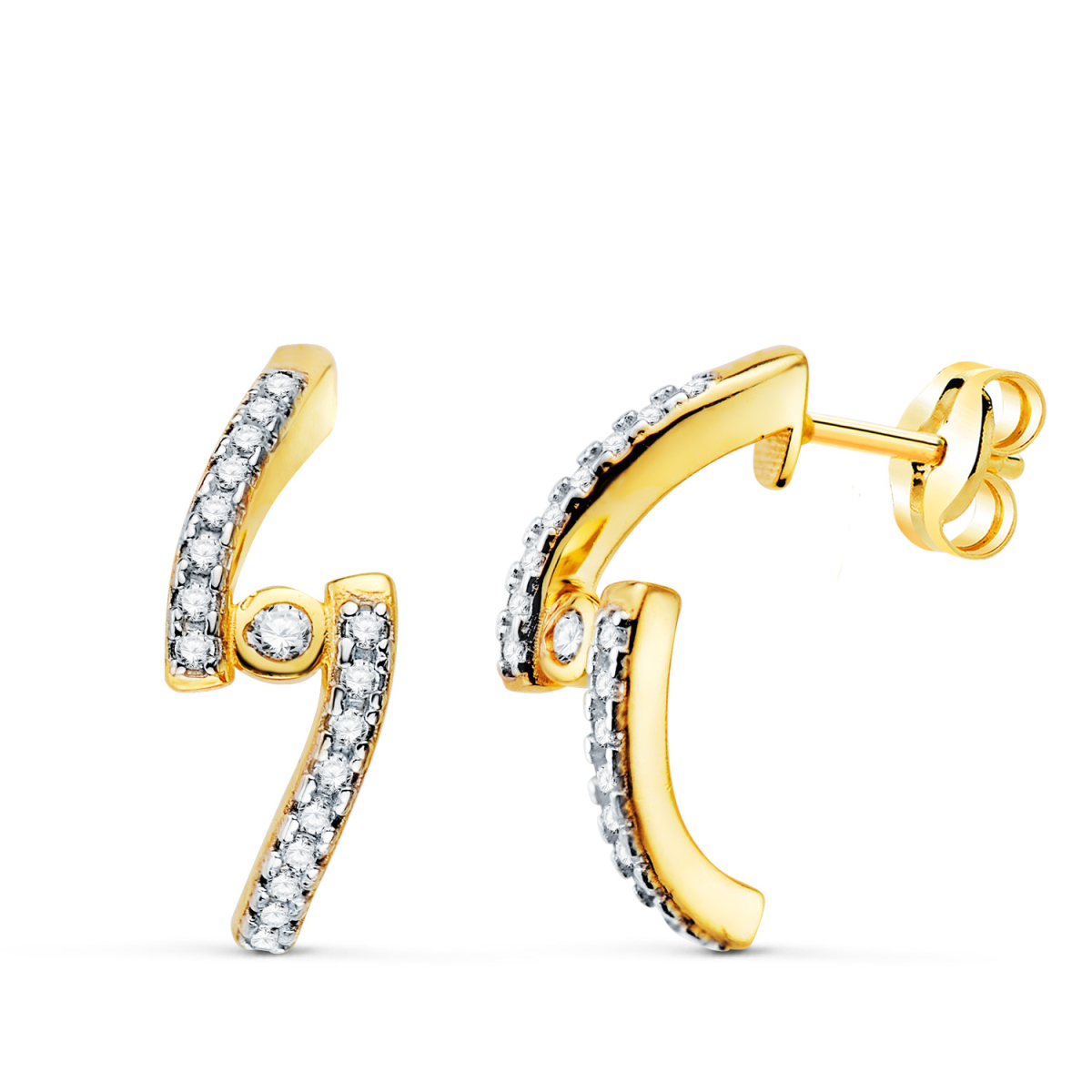 18K PENDIENTES ORO AMARILLO MEDIO ARO DOBLE BANDA CIRCONITA 15 X 6 MM CIERRE PRESION. 1