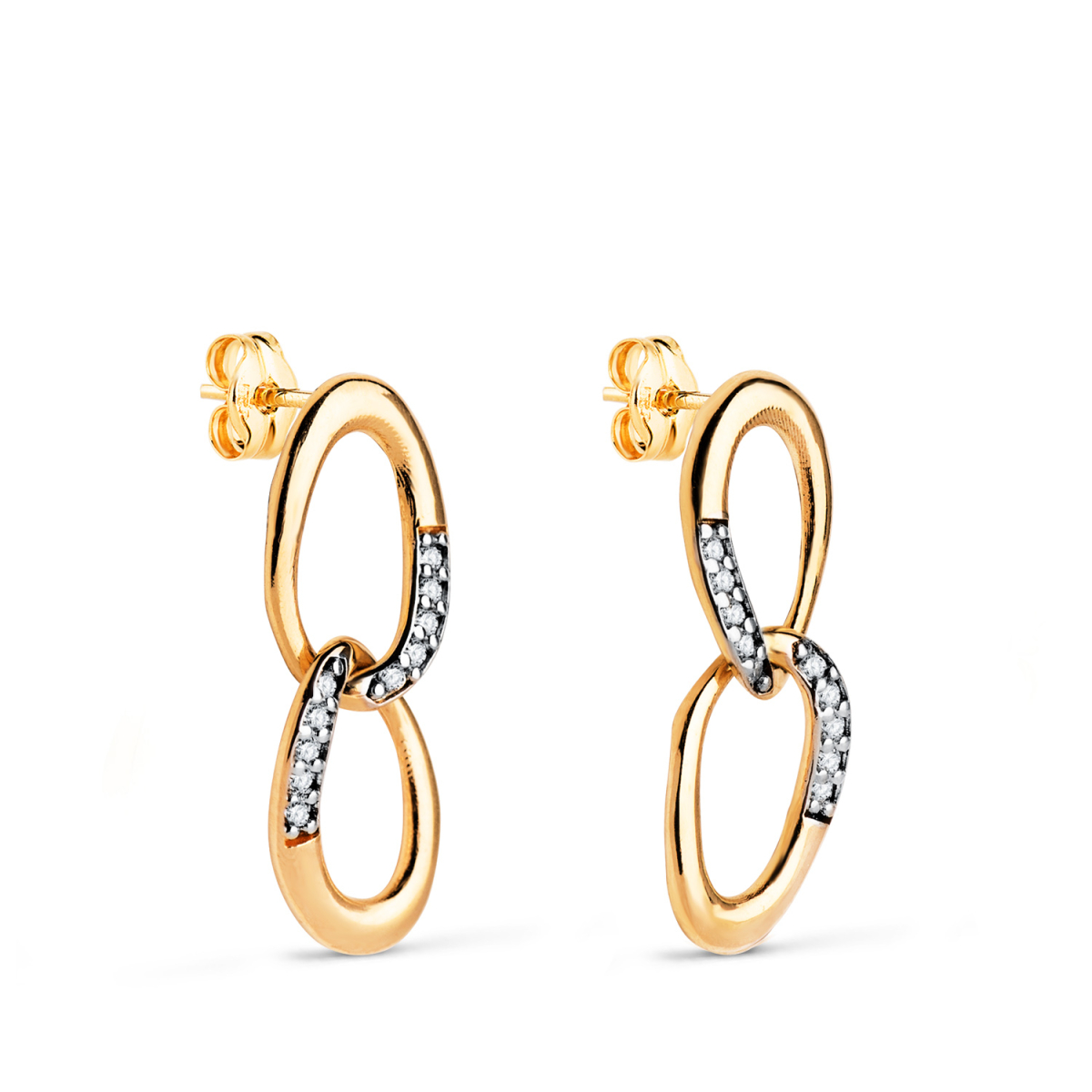 18K PENDIENTES ORO BICOLOR DOS ESLABONES CON CIRCONITAS. MEDIDA: 20 X 7 MM. CIERRE PRESION 1