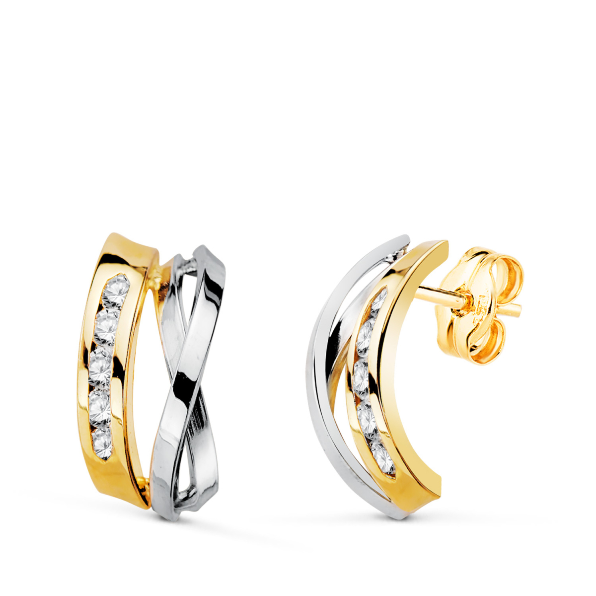 18K PENDIENTES ORO BICOLOR BANDAS CON CIRCONITAS CARRIL. MEDIDA: 16X7
