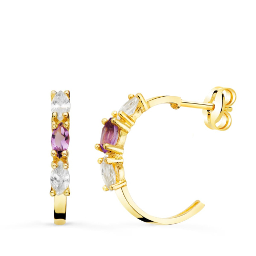 18K PENDIENTES ORO AMARILLO MEDIO ARO AMATISTA TALLA MARQUISE. 15X2 MM PRESION 1