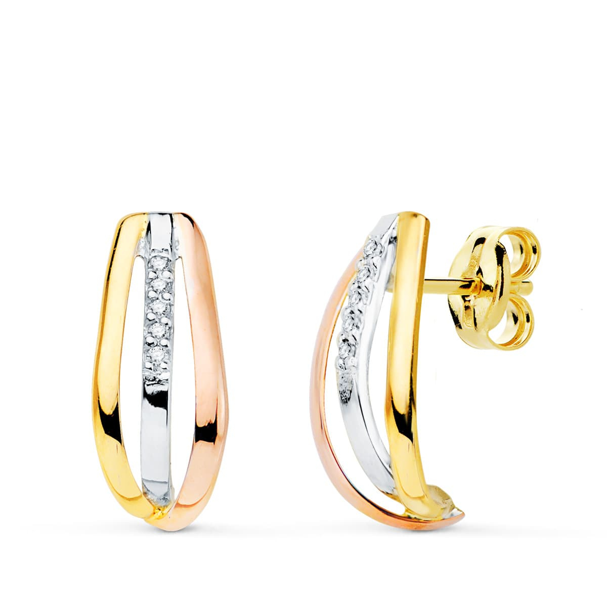 18K PENDIENTES ORO TRICOLOR BANDAS CON CIRCONITA 15X7 MM CIERRE PRESION 1