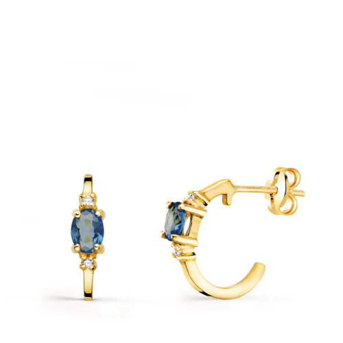 18K PENDIENTES ORO AMARILLO MEDIO ARO LISO CON AGUAMARINA 12X3 MM CIERRE PRESION. 1